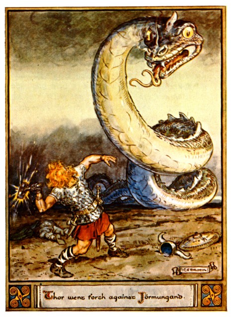Image of World Serpent Jormungand and Thor face one another in the end times called Ragnarok.